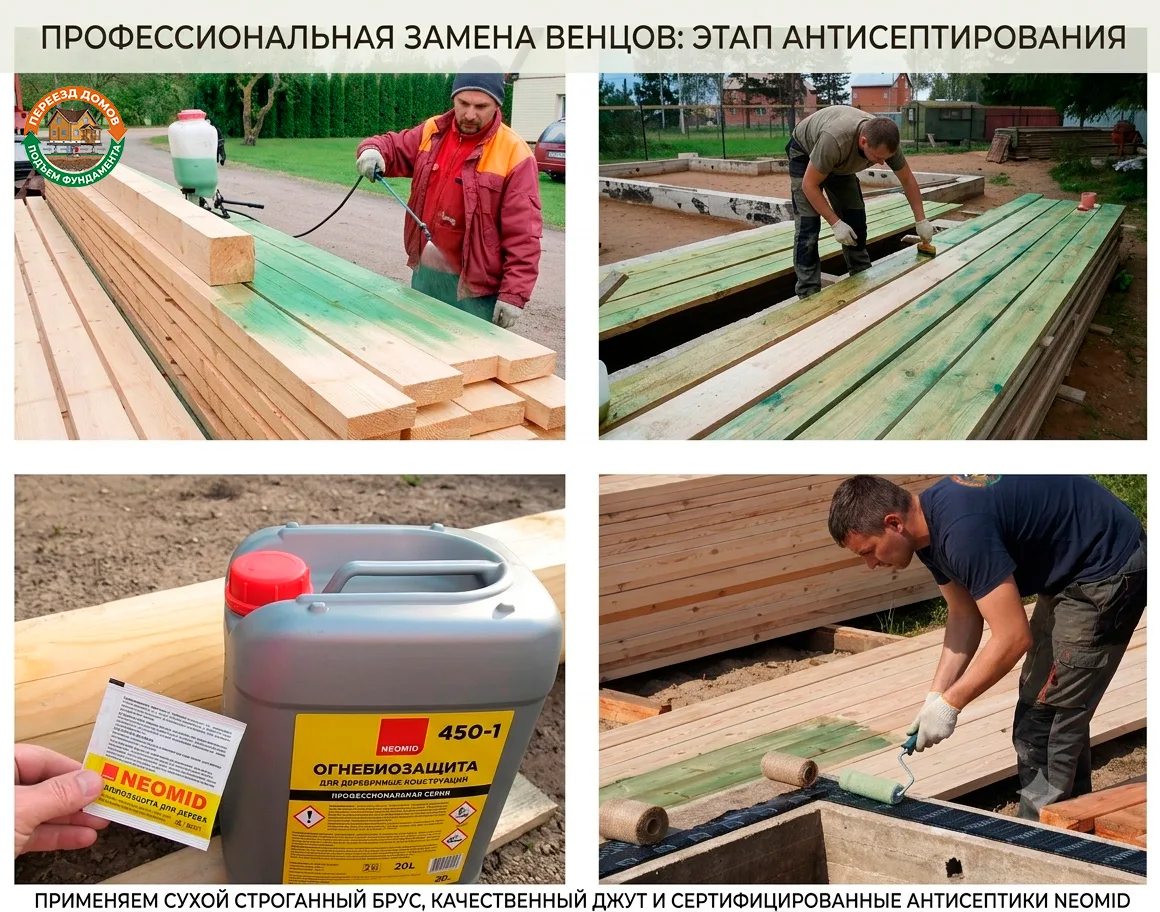 Обработка нового бруса антисептиком и подготовка прокладок Антисептирование сухого бруса NEOMID, джут и гидроизоляция перед установкой венцов